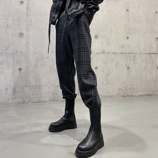 毛呢工装 新款 束脚裤 高腰显瘦配马丁靴休闲裤 格子裤 哈伦裤 女秋冬季