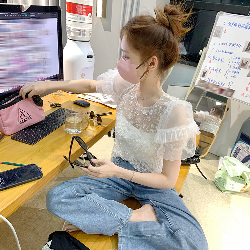 美美的夏夏 星光璀璨 网绣珠片轻薄纱钉珠上衣短袖女夏2023新款