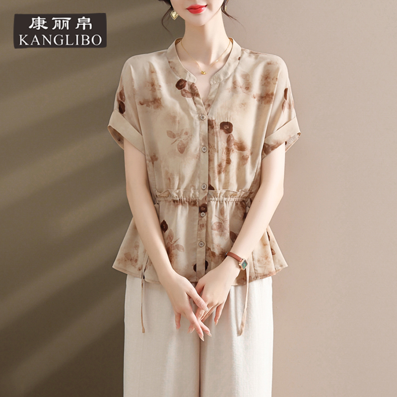 中年妈妈短袖雪纺衫女时尚洋气减龄小个子夏装上衣衬衫50多岁套装