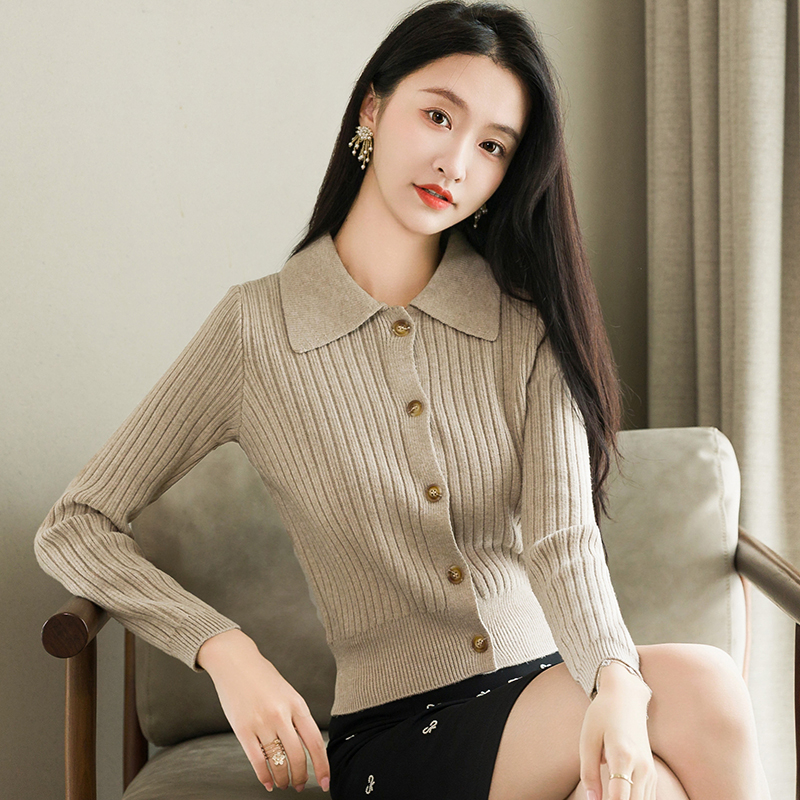 polo领短款毛衣女秋冬加厚针织衫