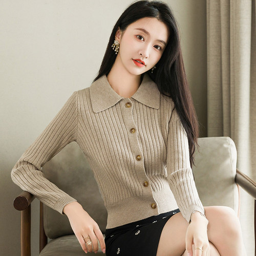 polo领短款毛衣女秋冬加厚针织衫