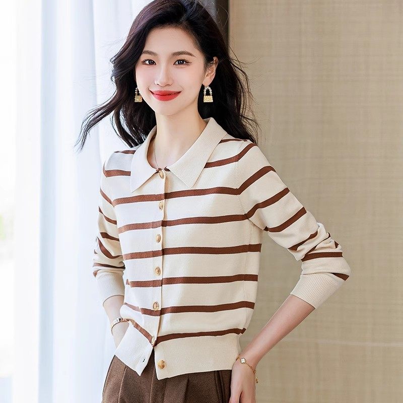 polo领条纹针织衫女翻领打底毛衣