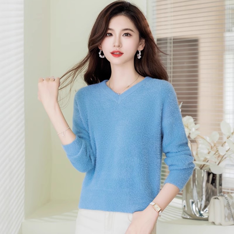 水貂绒v领短款毛衣女加厚秋冬