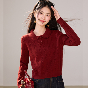 麻花套头短款毛衣女秋冬2026新款polo领小个子针织上衣内搭打底衫