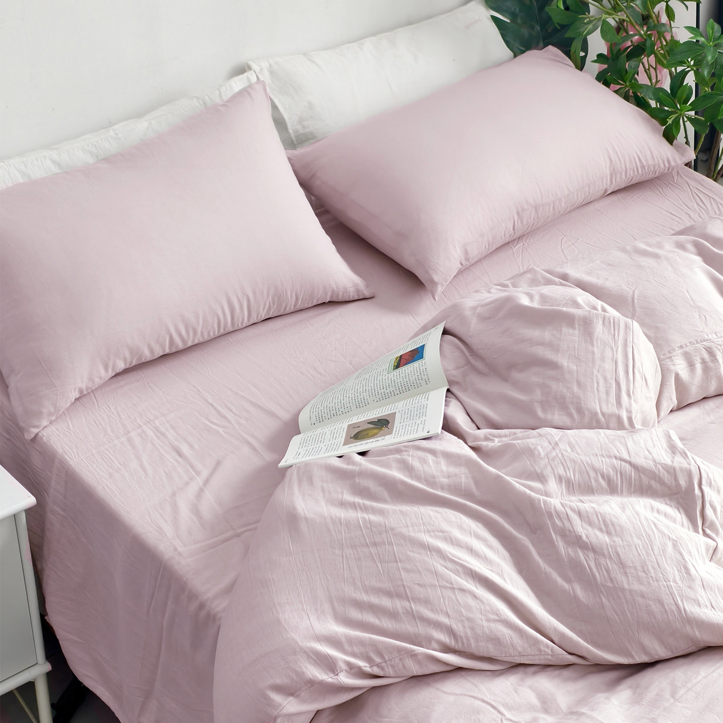 羽亲32支色织水洗棉四件套紫色米色纯棉被套全棉床单床上用品