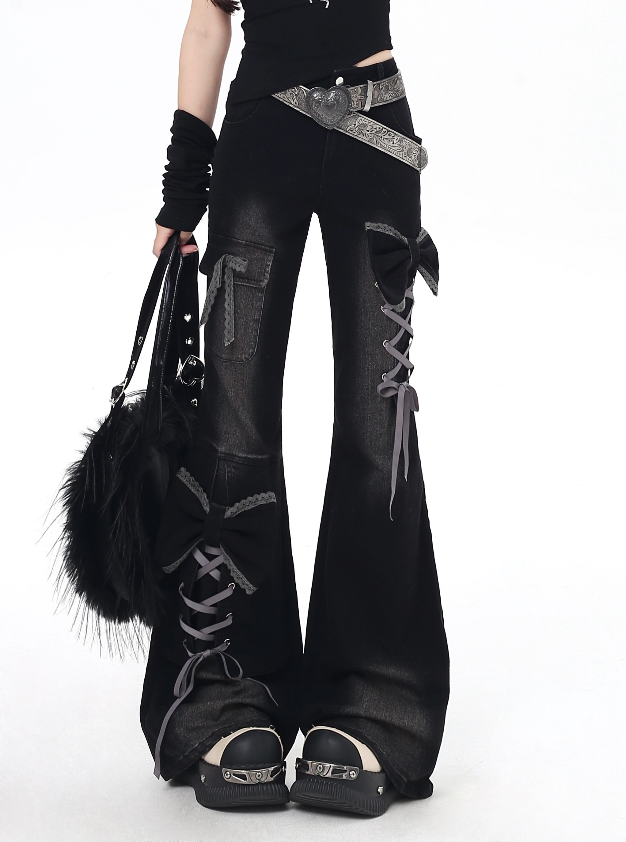thumbnail for crazygirl original three-dimensional bow design y2k hot girl slim high waist slim flared trousers jeans