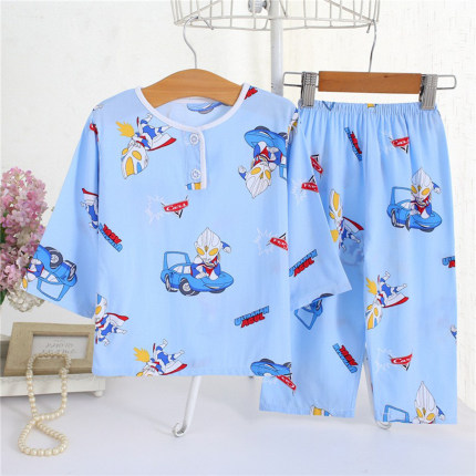 儿童睡衣夏季棉绸男女童宝宝家居服薄款长袖绵绸奥特曼空调服套装
