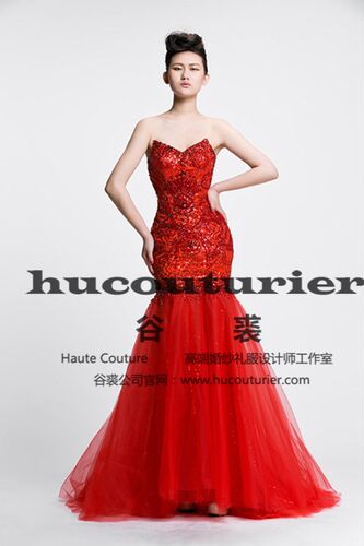 原创有样衣谷裘红色抹胸包臀鱼尾水晶婚礼艺考演出声乐礼服定制