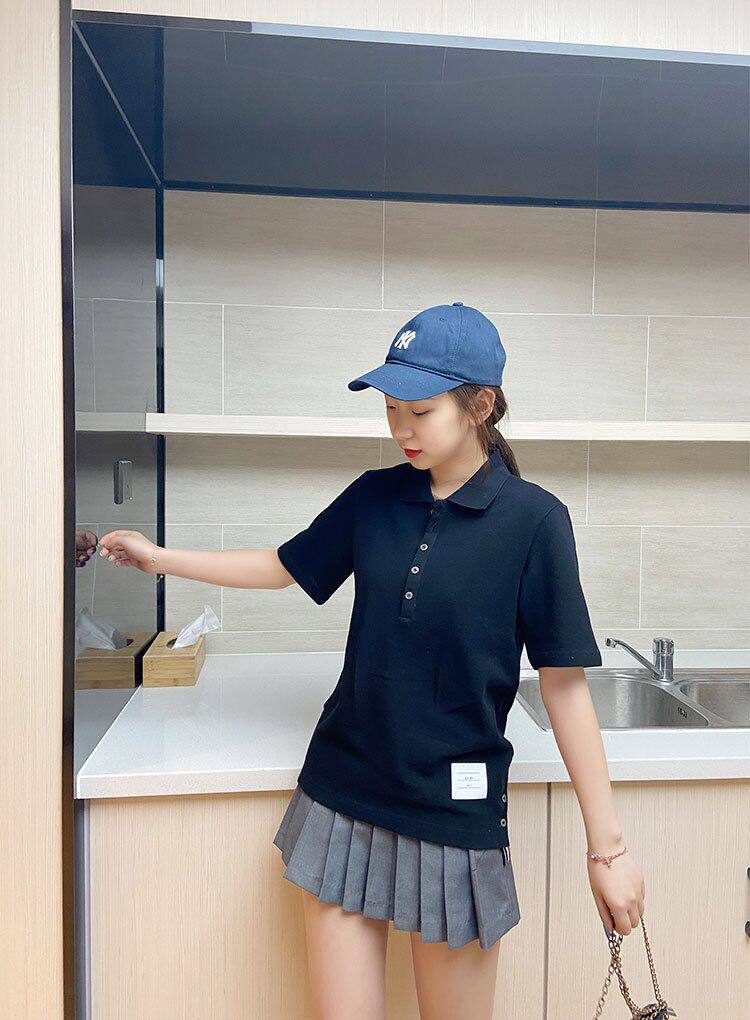 春夏季TB新款翻领宽松休闲T恤后背彩条织带拼色男女情侣同款短袖