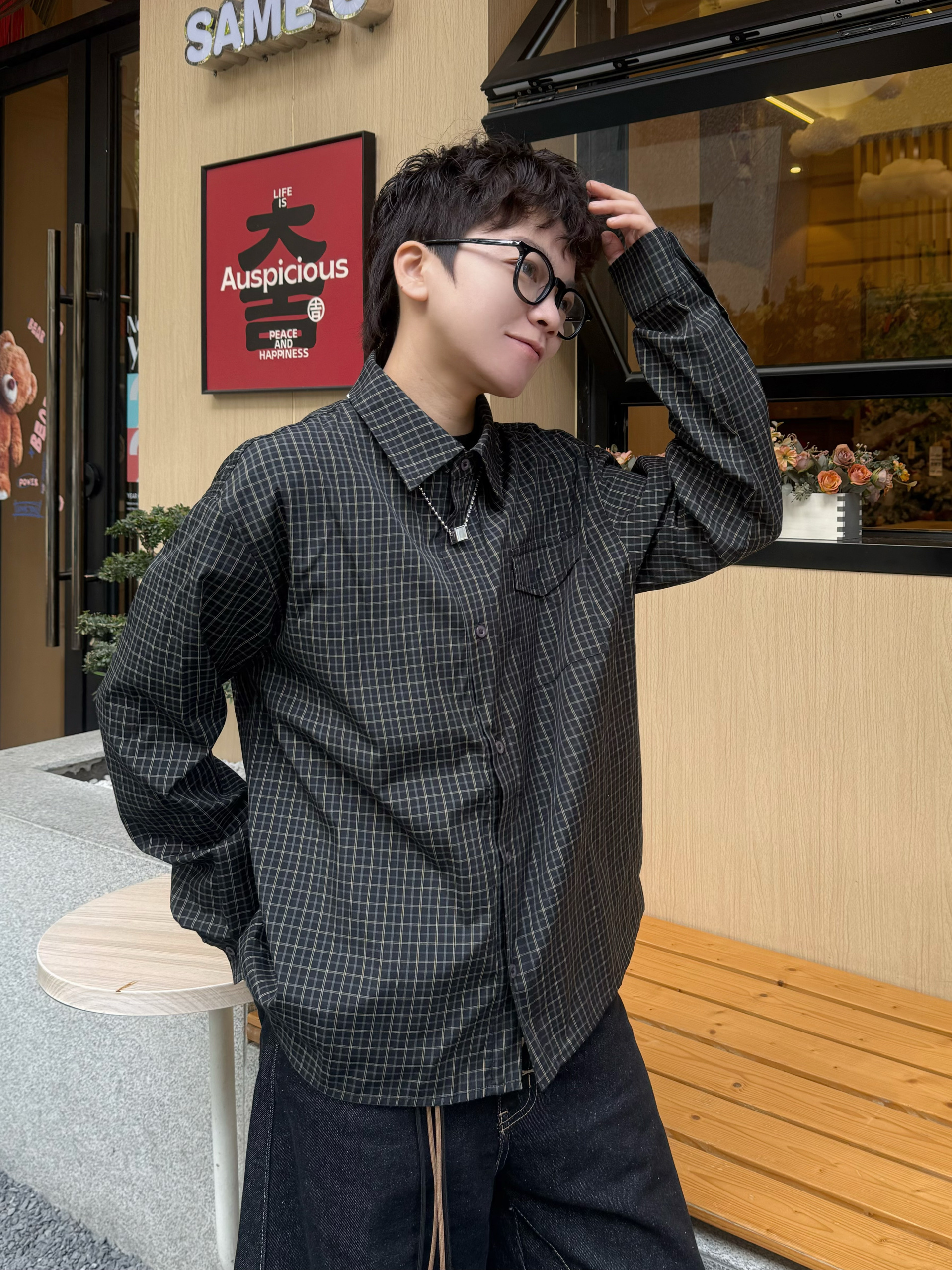 冻鱼集市 复古美式细黑白格子cleanfit短款衬衫外套男春季宽松