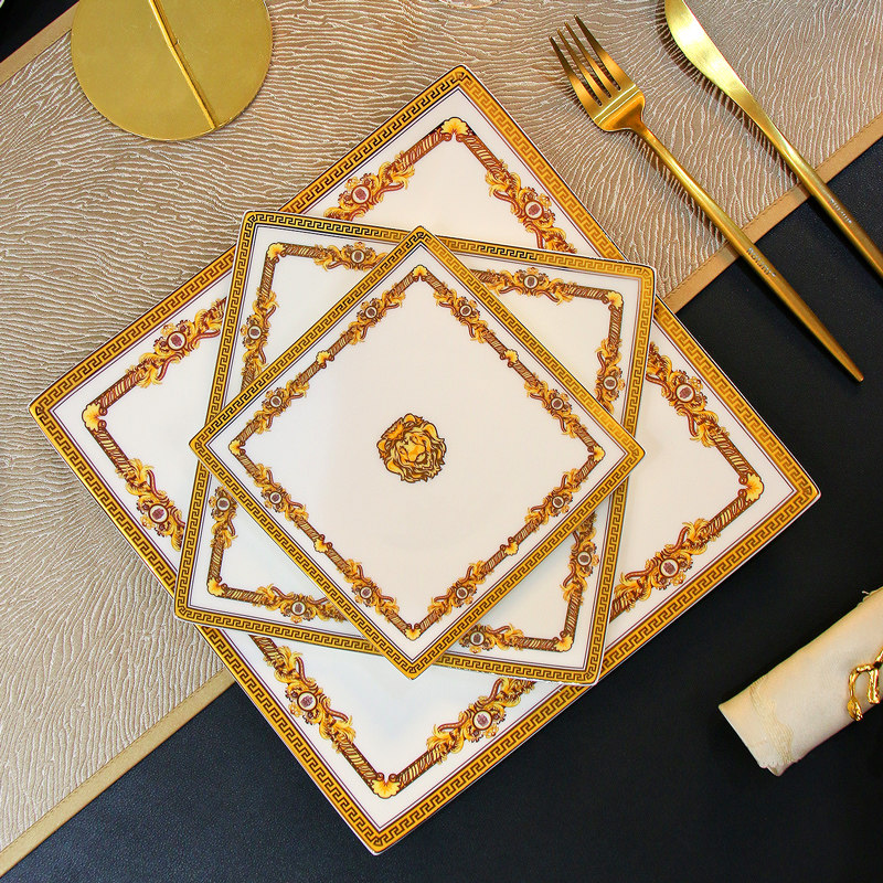 家用方盘欧式骨瓷牛排西餐盘轻奢餐具方形盘子碟子金边平盘浅盘,餐饮具,盘,淘宝优惠券,粉丝福利购,淘宝优惠卷