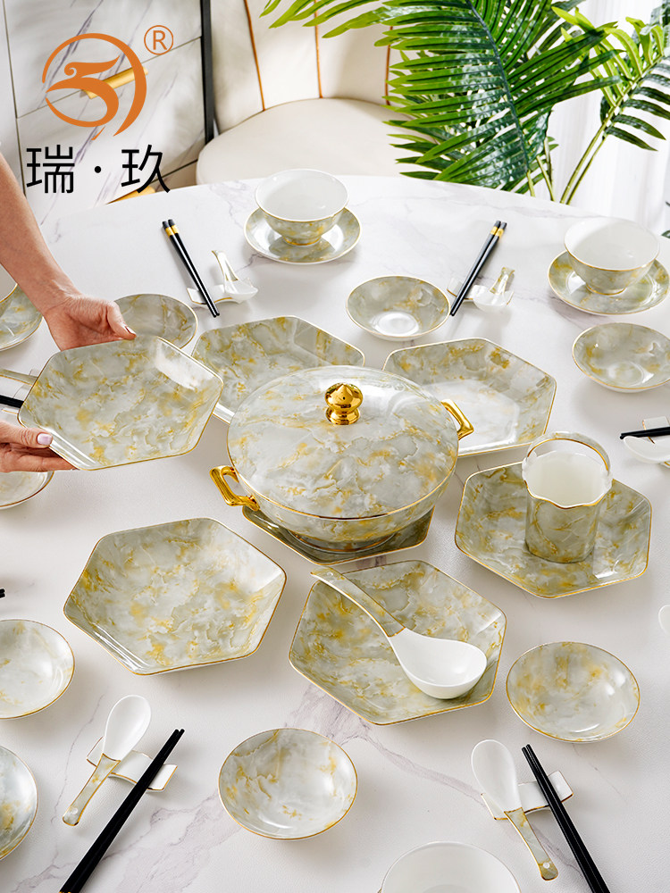 骨瓷六角拼盘餐具组合套装礼盒聚会团聚无障碍豪华60头餐具家用盘
