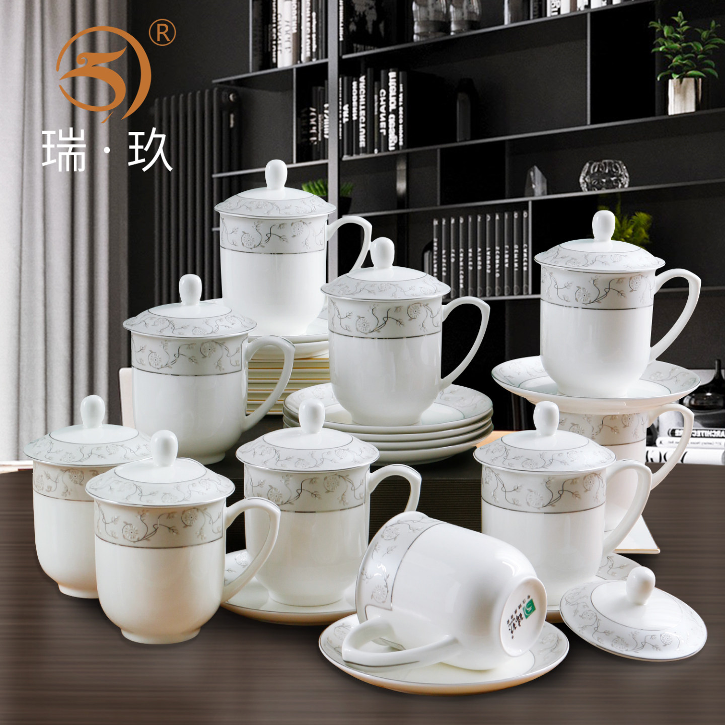 10个中式典雅骨瓷办公杯碟会议杯家用茶杯大容量待客杯水杯可定制