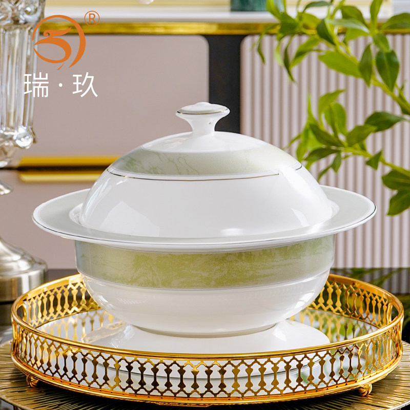 家用中式骨瓷草帽品锅金边带盖大汤锅汤盆陶瓷汤碗盛汤盆餐具大碗