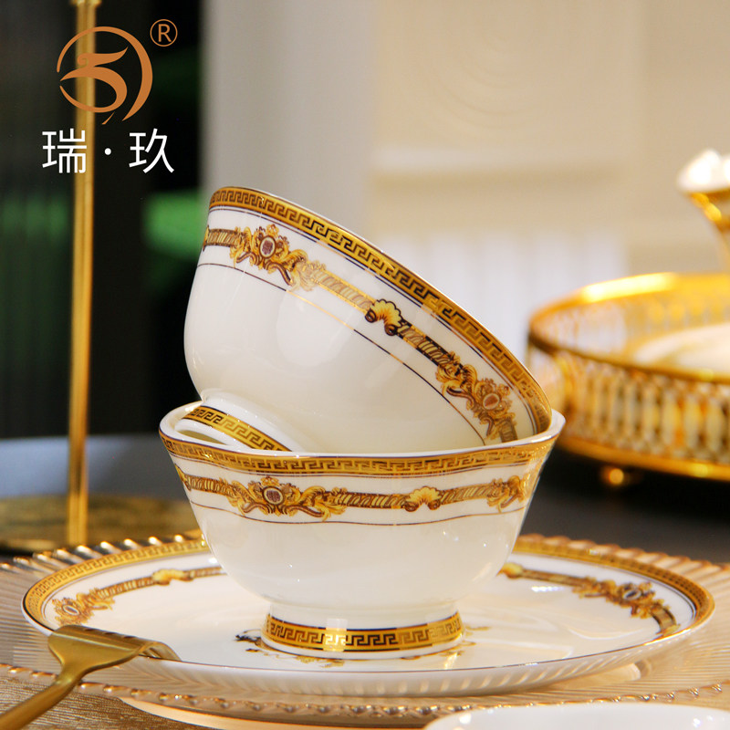 米饭碗家用骨瓷高足饭碗10个金边小汤碗面碗餐具瓷碗异形碗花边碗