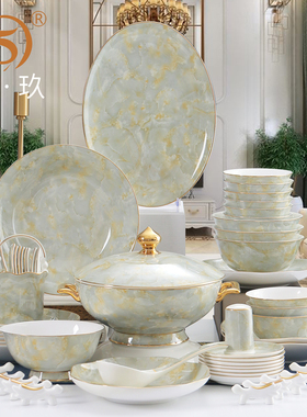 轻奢餐具套装2025新款大理石纹灰色碗盘组合家用60头骨瓷碗碟套装