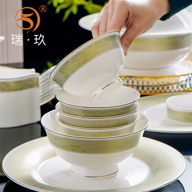 唐山描金边骨瓷吃饭碗家用陶瓷高脚防烫碗米饭碗面碗大汤碗可微波,餐饮具,碗,淘宝优惠券,粉丝福利购,淘宝优惠卷
