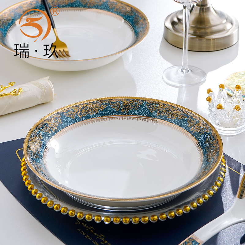 轻奢浮雕金骨瓷10英寸鲍翅深盘大号盘子蒸鱼盘家用陶瓷水果盘汤盘