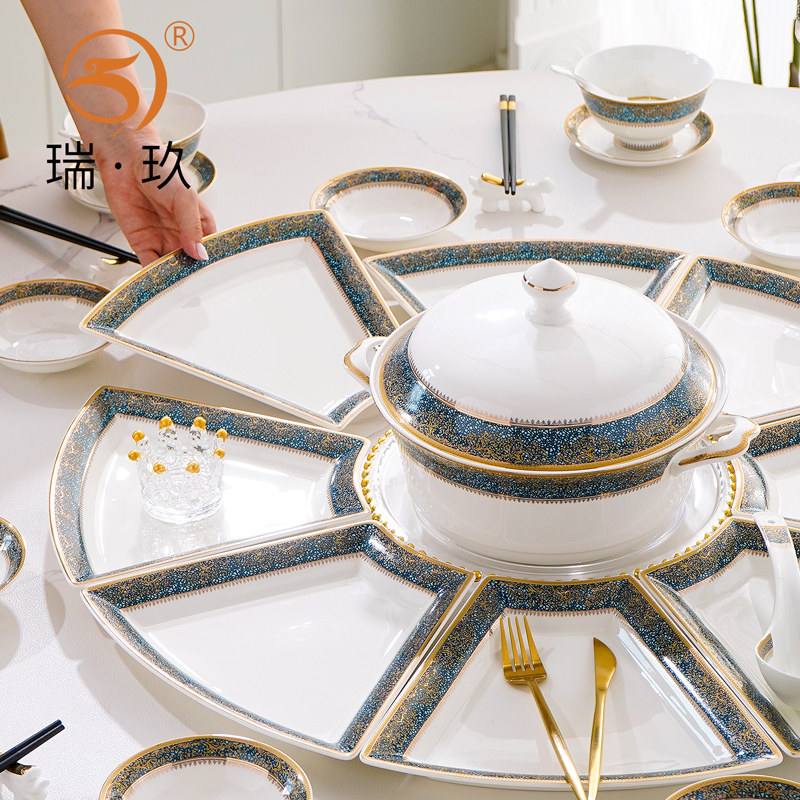 轻奢过年团圆骨瓷拼盘餐具组合家用圆桌菜盘盘子套装创意扇形拼盘