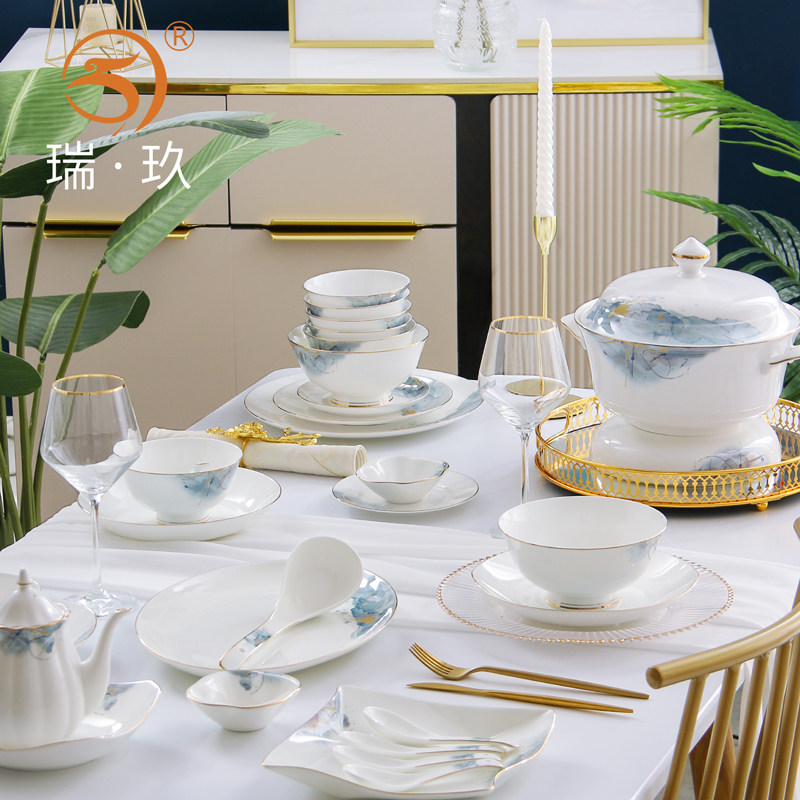 餐具碗盘勺碟DIY轻奢骨瓷碗碟餐具搭配家用金边饭碗汤碗面碗碗碟,餐饮具,碗,淘宝优惠券,粉丝福利购,淘宝优惠卷