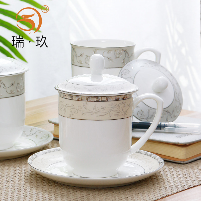 10个骨瓷中式带盖办公杯碟商用大容量会议杯茶杯陶瓷待客杯可定制,餐饮具,马克杯,淘宝优惠券,粉丝福利购,淘宝优惠卷
