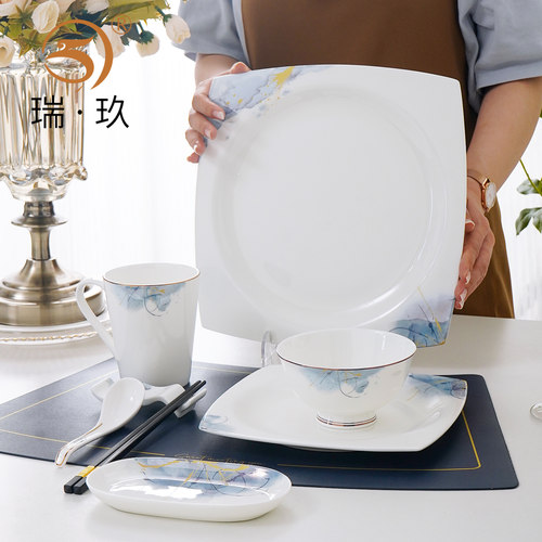 骨瓷水墨风牛排盘碗碟勺摆台