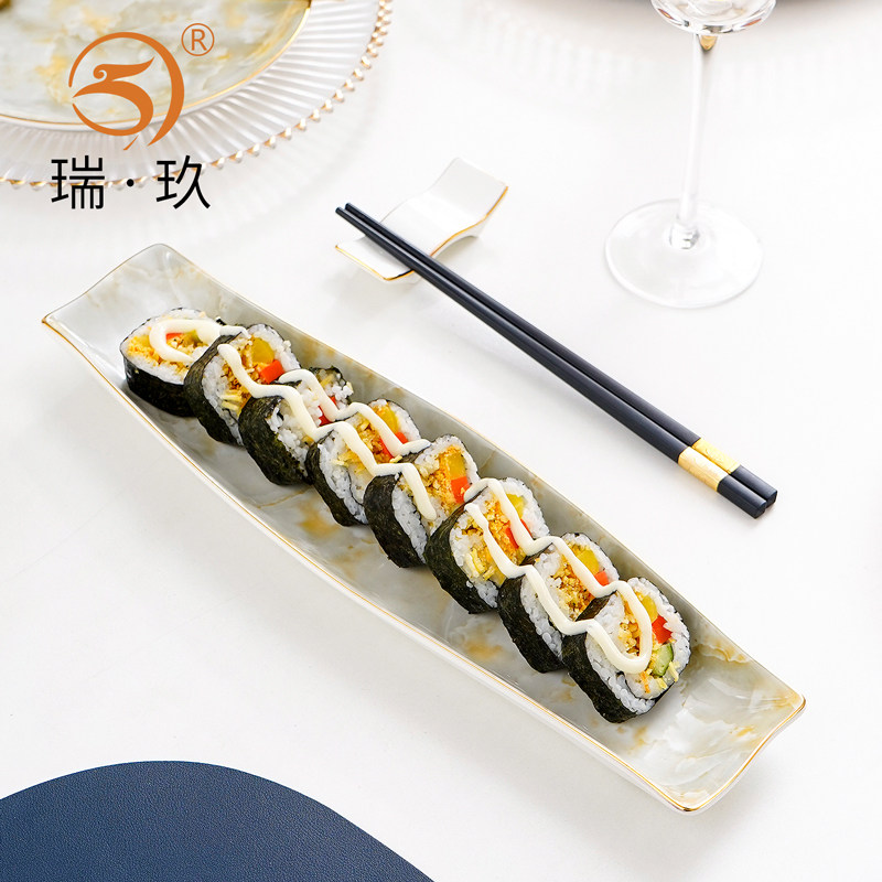 家用描金骨瓷长条寿司盘点心盘