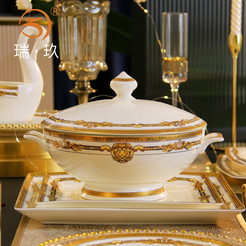 家用双耳汤盆大号带盖汤碗防烫餐具大碗欧式金边骨瓷品锅汤窝汤锅