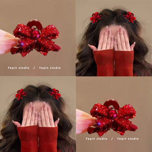 浓郁红色~红色蝴蝶结刘海小号抓夹！元旦新年后脑勺碎发夹边夹子