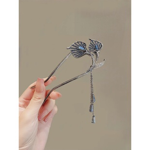 蓝色马蹄莲U型发簪珍珠流苏丸子头盘发器古风后脑勺盘发簪子发钗