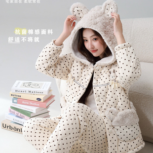 美宜芳2025新款棉麻睡衣女冬季纯棉夹棉三层睡衣女连帽可爱家居服