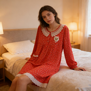 2026新款睡衣女春人棉长袖睡裙女休闲家居服套装薄款可爱女睡袍