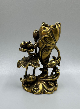 手工纯黄铜荷花鲤鱼香插摆件实心小金鱼荷叶莲花池塘意境茶宠香托