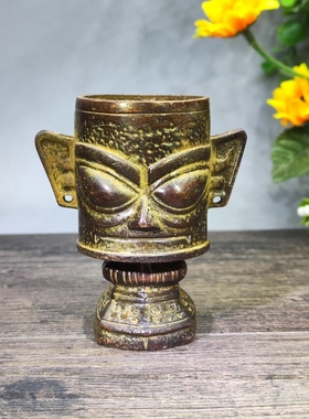 三星堆仿青铜器立人面具创意纵目桌面神鸟仿古装饰品摆件248克