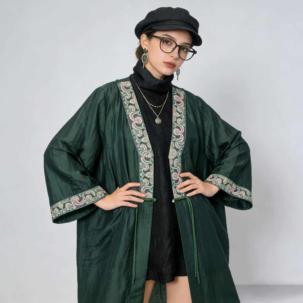 复古中式刺绣滚边系带风衣女