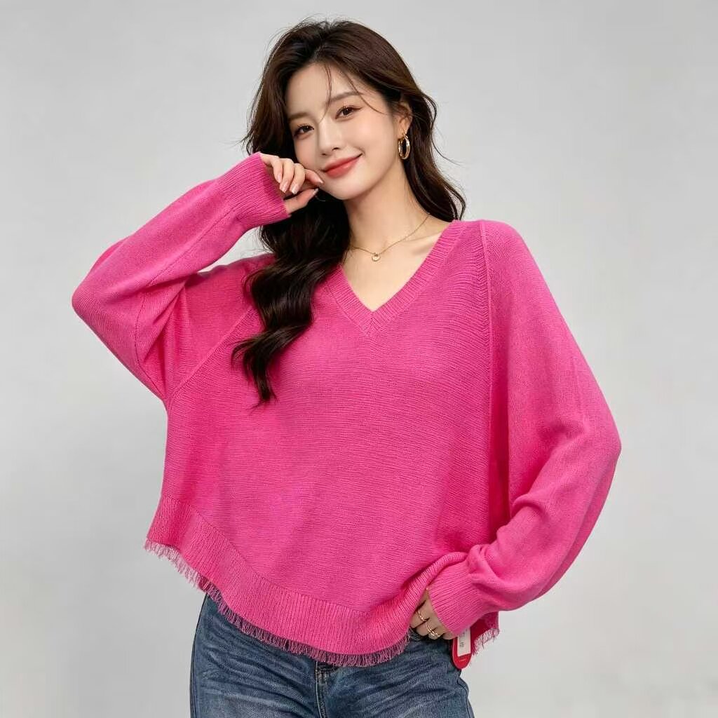 9932慵懒风V领系带针织衫女软糯宽松显瘦百搭粉色毛衣上衣