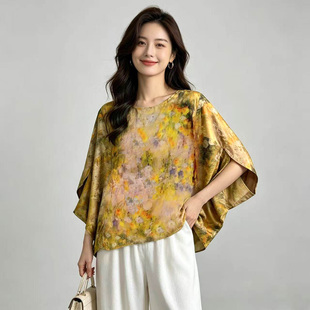K235-1新中式宋锦风提花上衣女宽松圆领蝙蝠袖短袖显瘦百搭