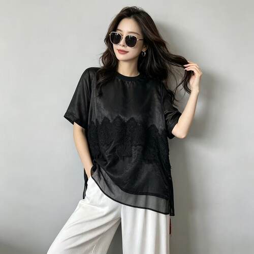 女夏圆领宽松拼接短袖上衣