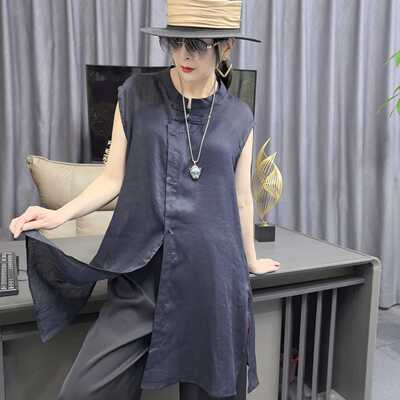 25071马甲蓝色盘扣女装夏款2025爆款高级轻奢遮肚显瘦百搭马甲