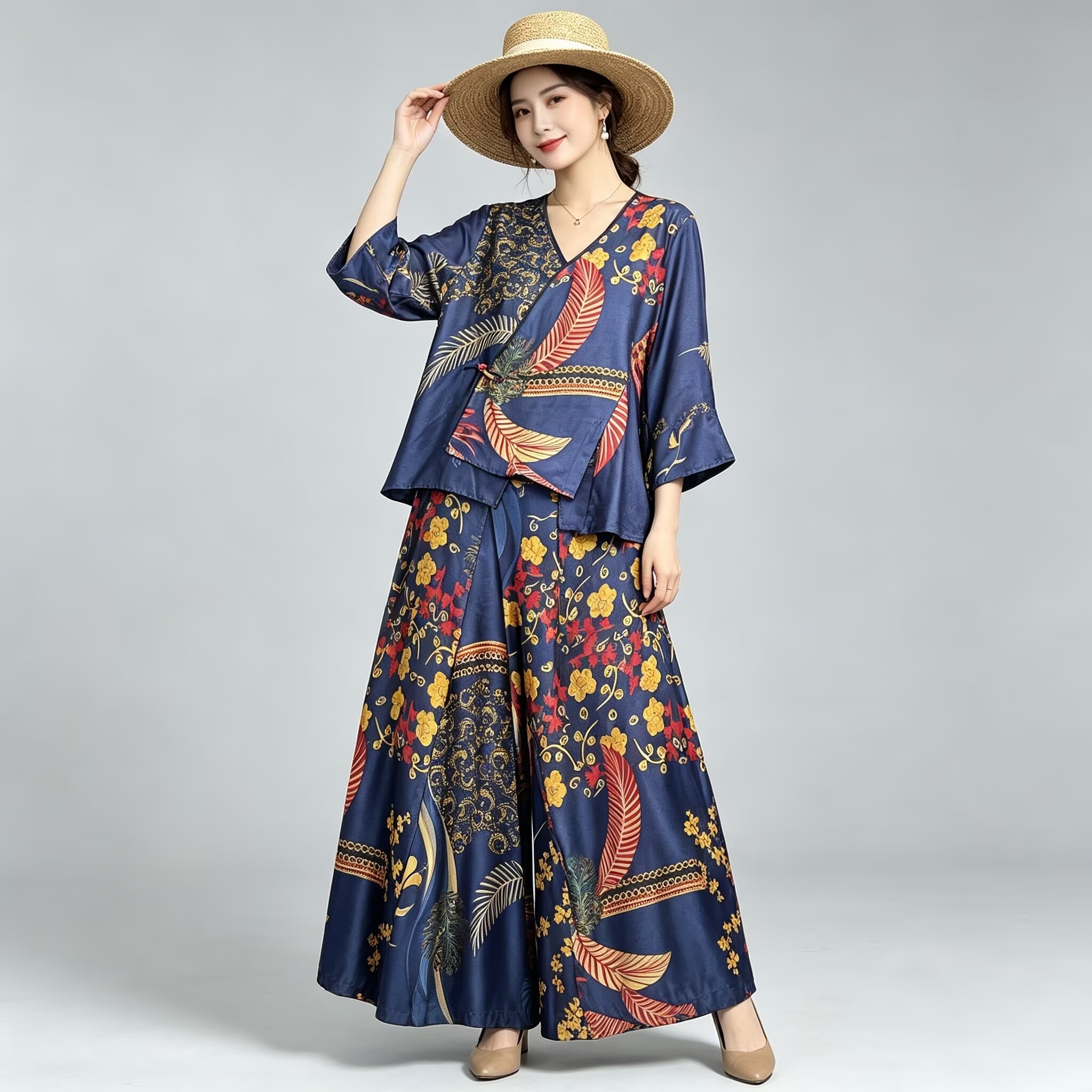 新中式印花V领斜襟茶服两件套