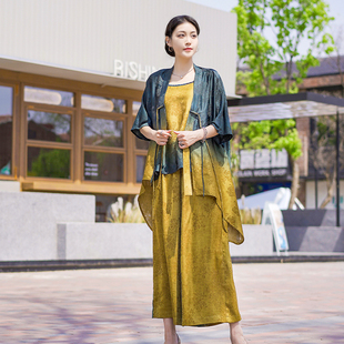 时尚 桑蚕丝三件套中国风真丝2022年夏季 新款 缎面宽松高端大码 套装