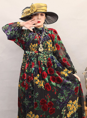 8987复古暗黑国风提花丝绒连衣裙女长袖收腰中长款新中式大摆裙