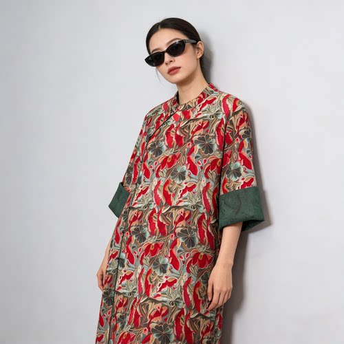 新中式真丝印花宽松显瘦连衣裙