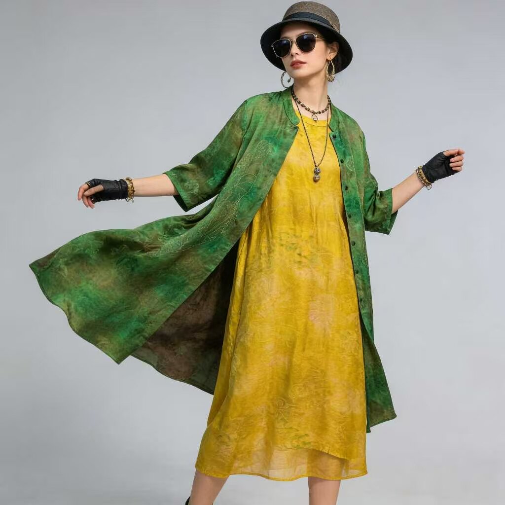 8752复古文艺宽松风衣女中长款七分袖圆领慵懒风外套