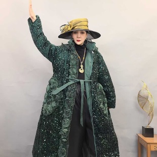 9566-1冬季厚款上新重工刺绣中长款时尚高端休闲百搭羽绒服