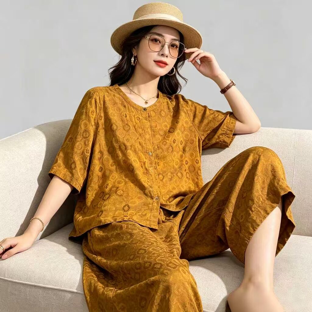 日系复古提花套装女夏宽松显瘦