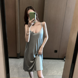 吊带睡裙女夏季 家居服 纯色莫代尔性感韩版 纯棉睡衣灰色宽松大码