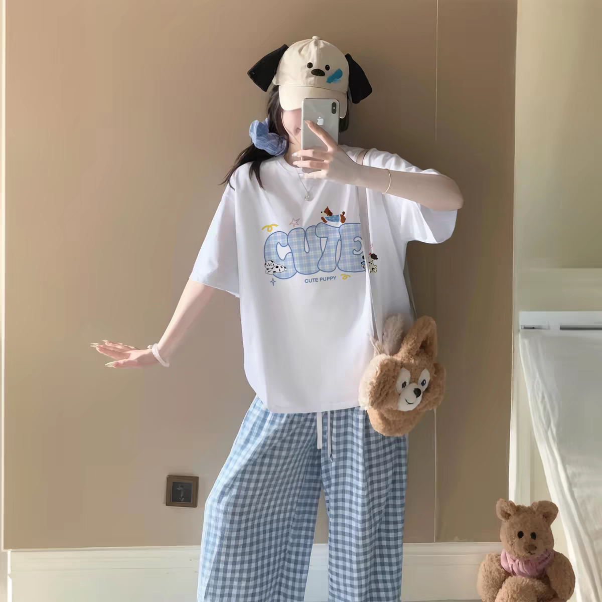 睡衣女款夏季纯棉短袖长裤可外穿出门学生可爱卡通休闲家居服套装