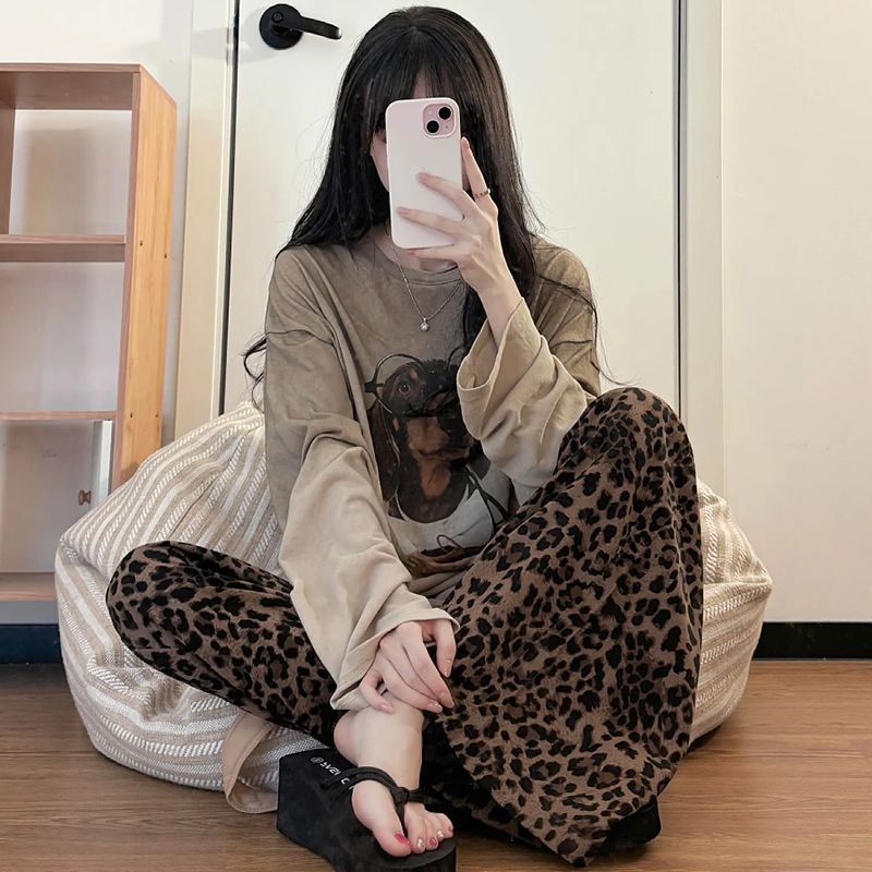 ins风复古德绒睡衣女秋冬季宽松大码腊肠狗豹纹裤可外穿居家套装