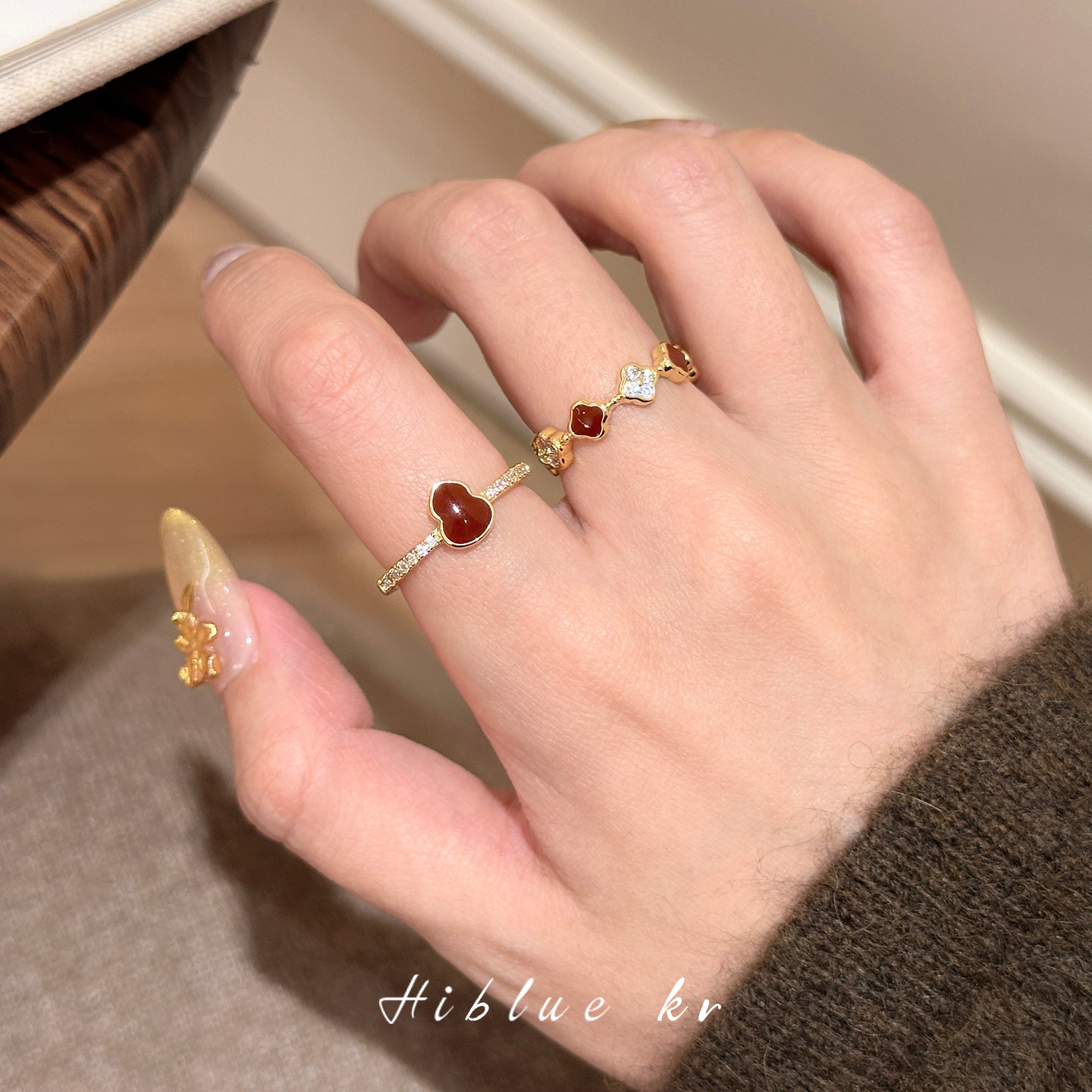 海蓝蓝红色葫芦四叶草食指戒指